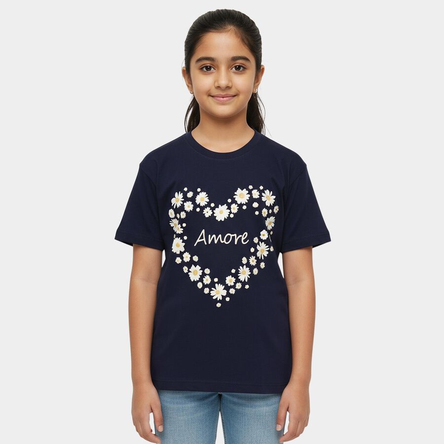 Girls' Navy Blue Cotton Round Neck Casual T-Shirt, नेवी ब्लू, large