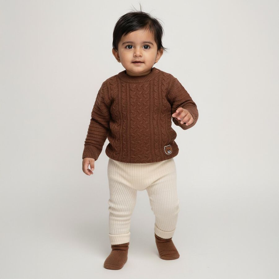 Infants' Rich Chocolate Brown Crew Neck Cable Knit Pullover, भूरा, large image number null