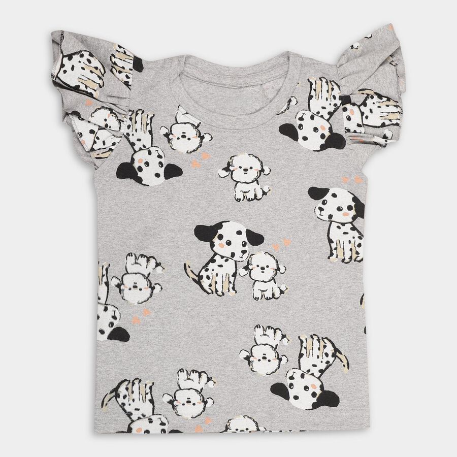 Girls' Light Grey Crew Neck Ruffle Sleeve T-Shirt, Melange Light Grey, large