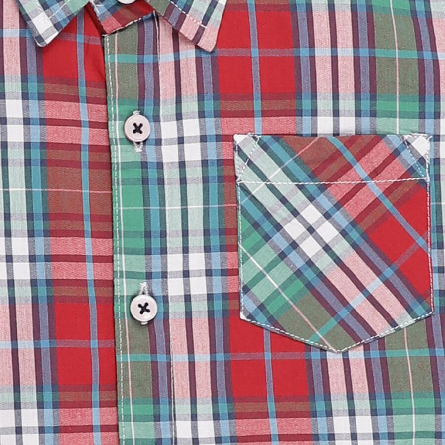 Boys Bright Red and Green Cotton Classic Collar Casual Shirt, लाल, large image number null