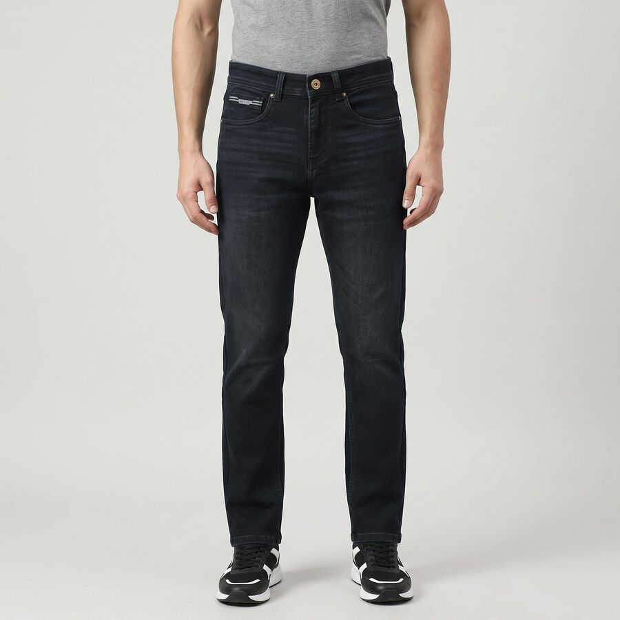 Men's Navy Blue Slim Fit Washed Jeans, गहरा नीला, large