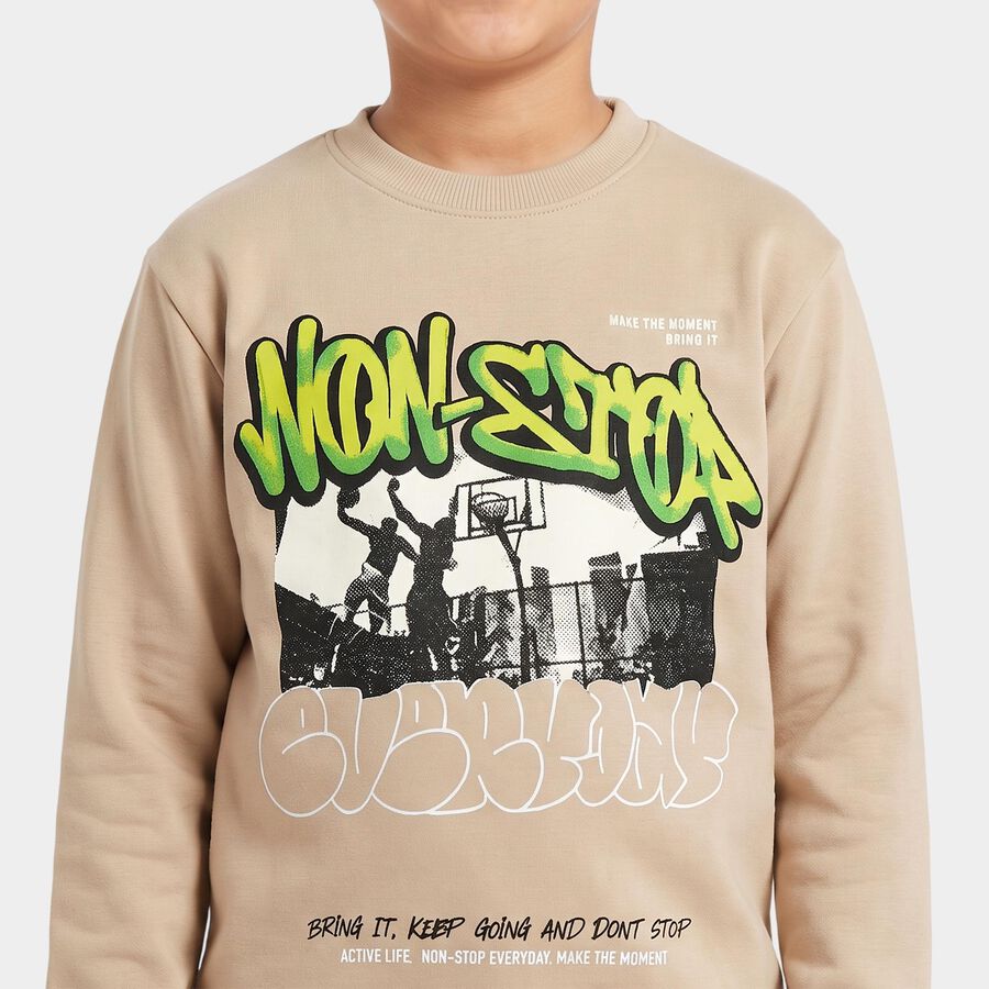 Boys' Beige Crew Neck Graphic Print Sweatshirt, Beige, large