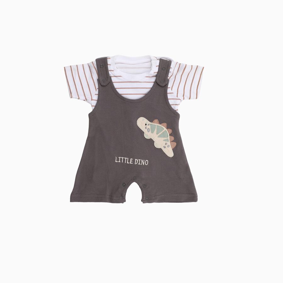 Infants' Grey Cotton Round Neck Dinosaur Applique Baba Suit, Charcoal, large image number null