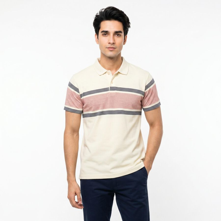 Men White Cotton Polo Neck Polo T-Shirt, ऑफ व्हाइट, large