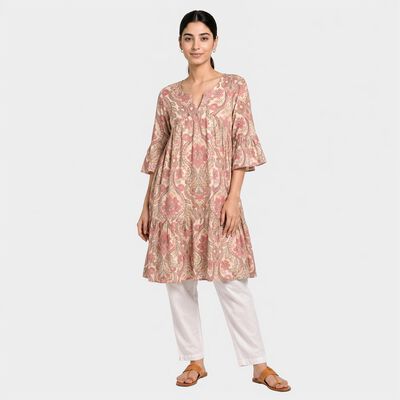 Women's Pink V-Neck Printed Kurti
