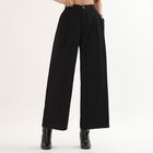 Women's Jet Black Wide-Leg Pleated Trousers, काला, small