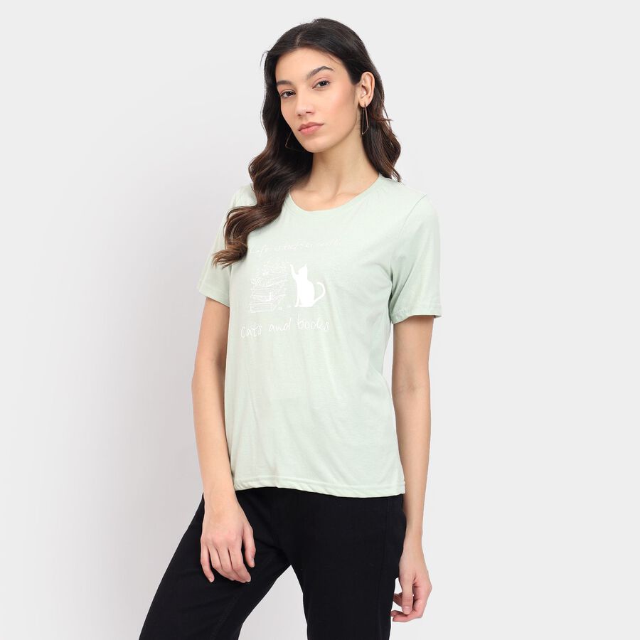 Ladies' 100% Cotton Round Neck T-Shirt , हल्का हरा, large image number null