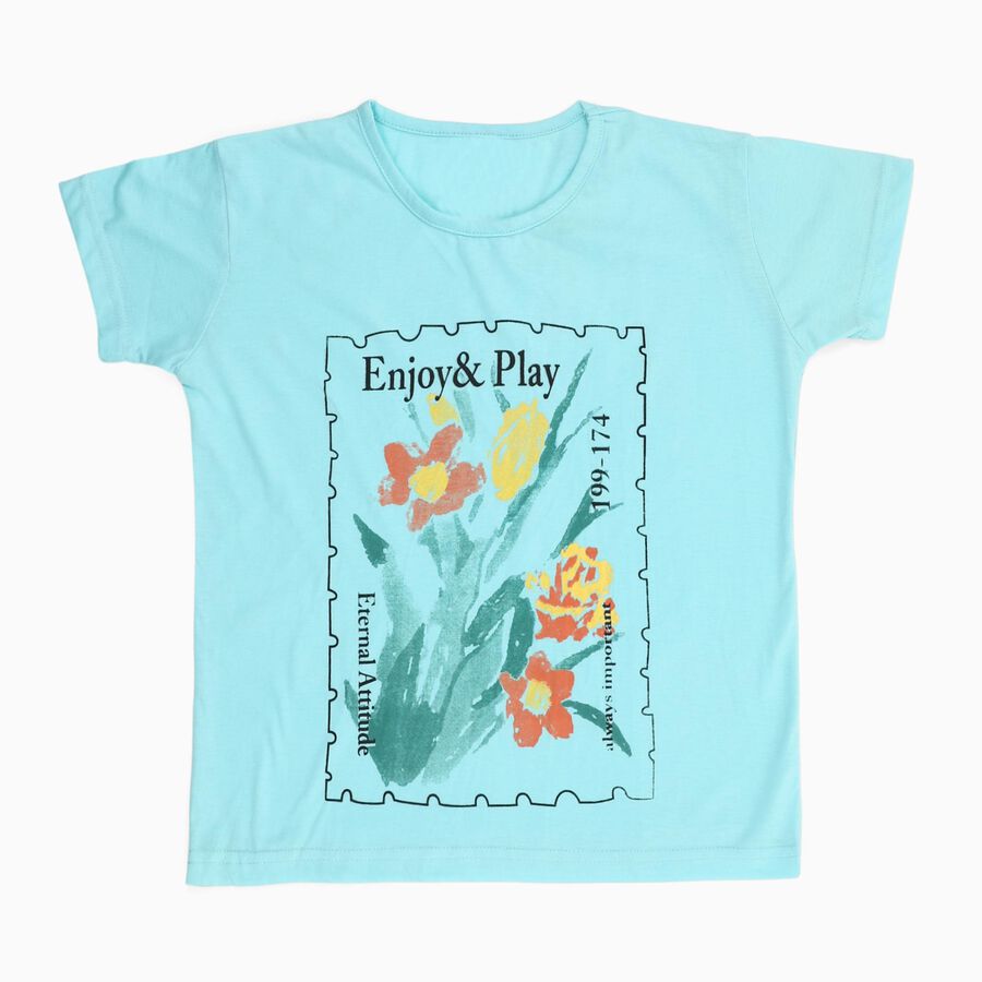 Girls Bright Aqua Blue Round Neck Casual T-Shirt, एक्वा, large image number null