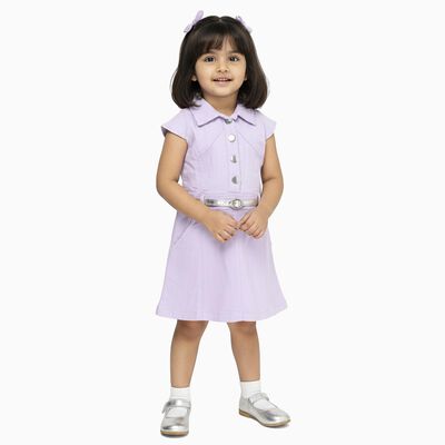 Girls' Lavender Collared A-Line Belted Frock
