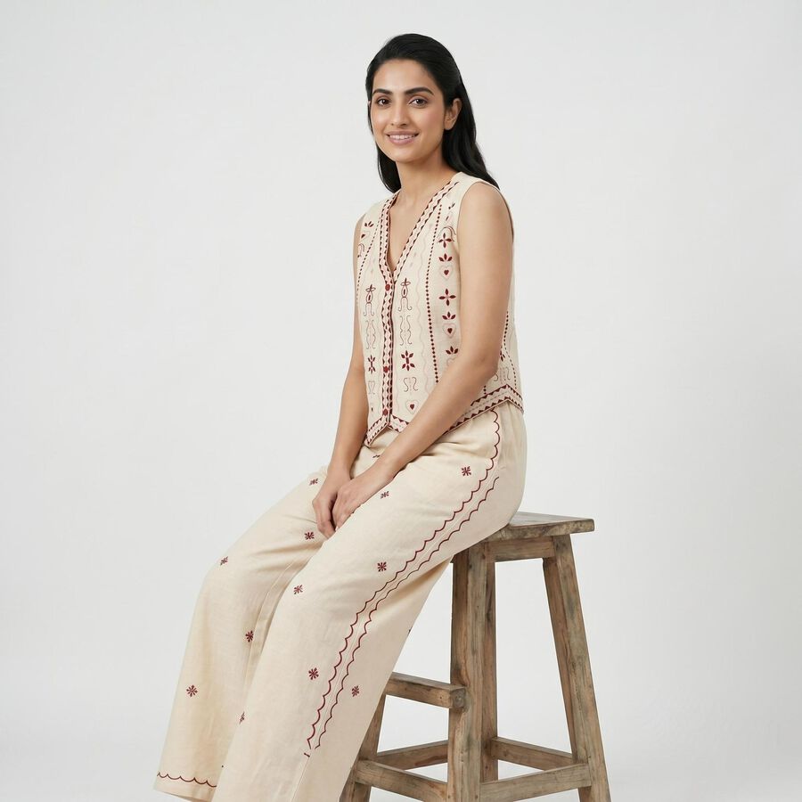 Women's Beige Embroidered Co-ord Set, Beige, large