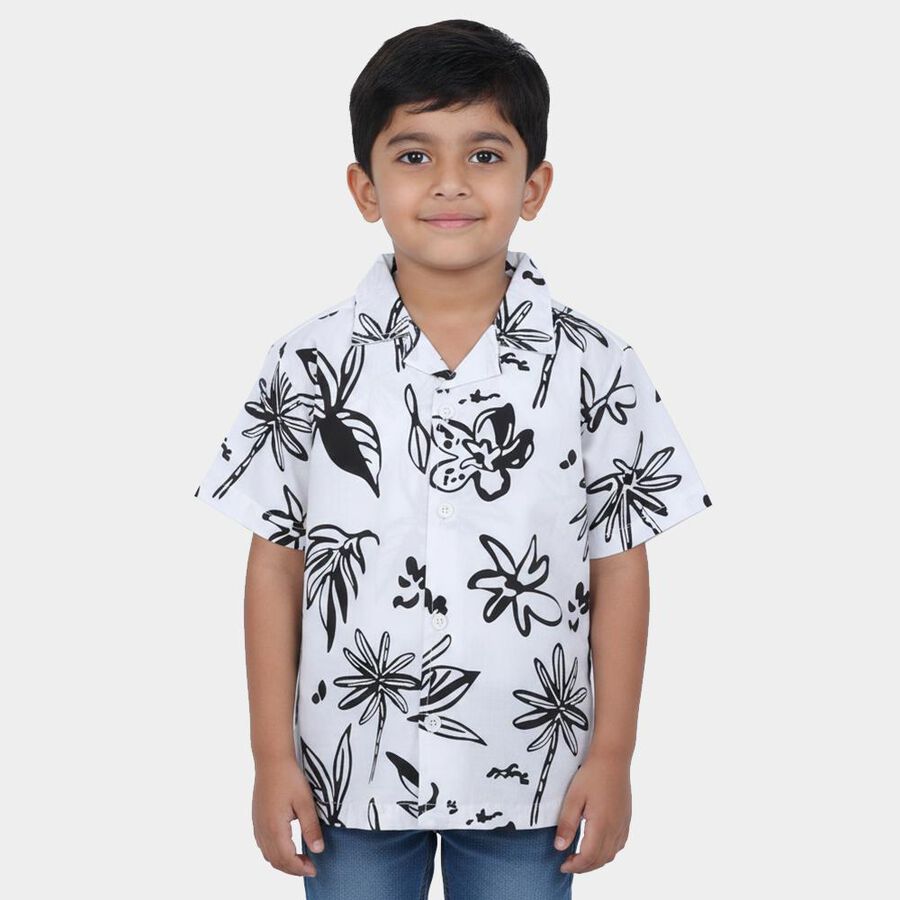 Boys White Cotton Camp Collar Casual Shirt, White, large