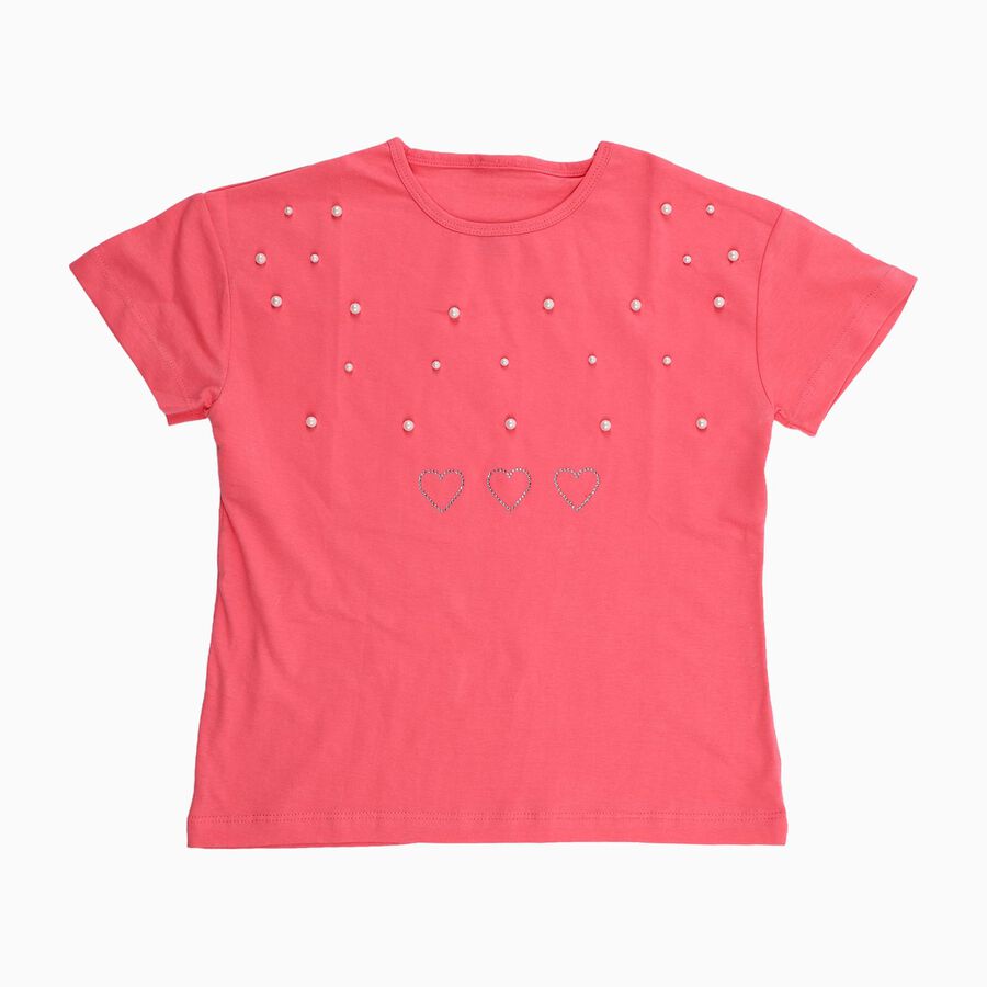 Girls Bright Coral Pink Cotton Round Neck Casual T-Shirt, Pink, large
