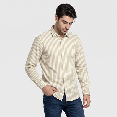 Men's Beige Cotton Striped Shirt