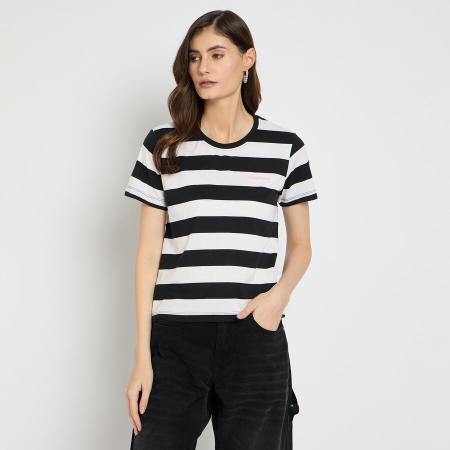 Ladies'  Stripes Round Neck T-Shirt, काला, large image number null