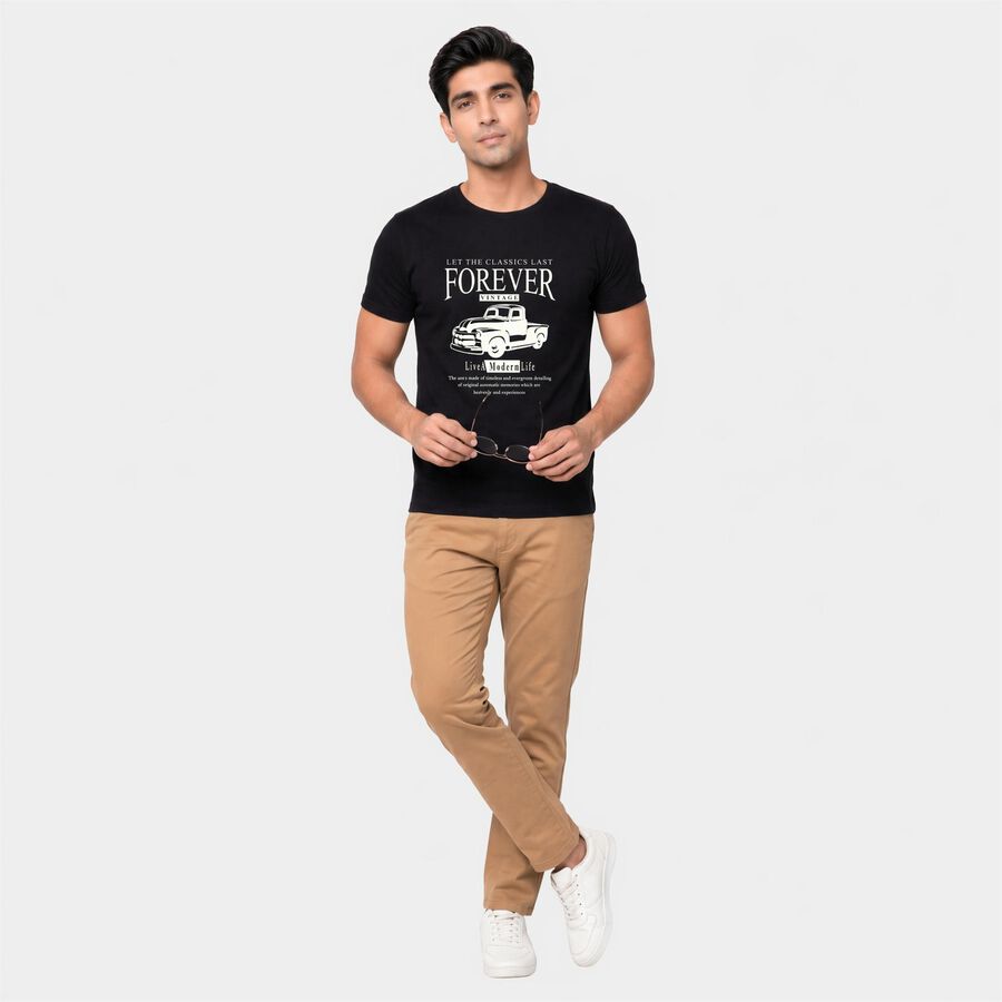 Men's Black Round Neck Regular Graphic Print T-Shirt, Black, large