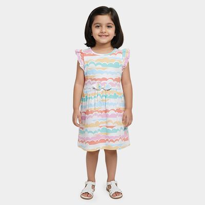 Girls' Light Green Printed Flutter Sleeve Cotton Frock