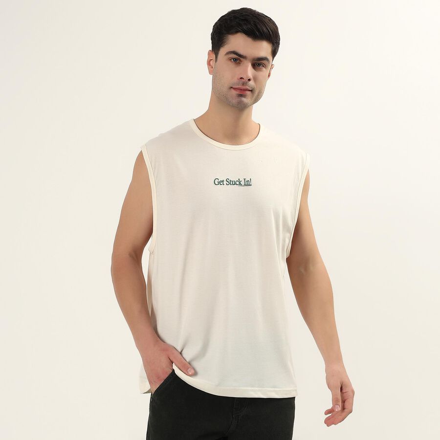 Men's Off-White Crew Neck Casual Sleeveless T-Shirt, Off White, large