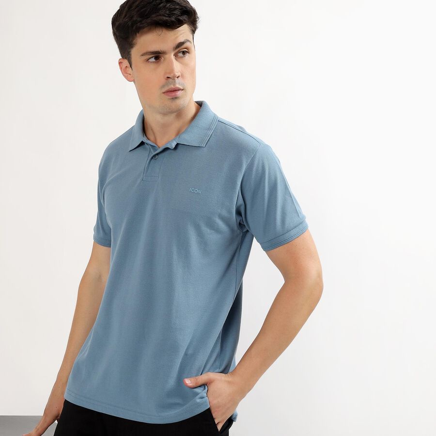 Men's Muted Steel Blue Polo Neck Classic T-Shirt, Mid Blue, large