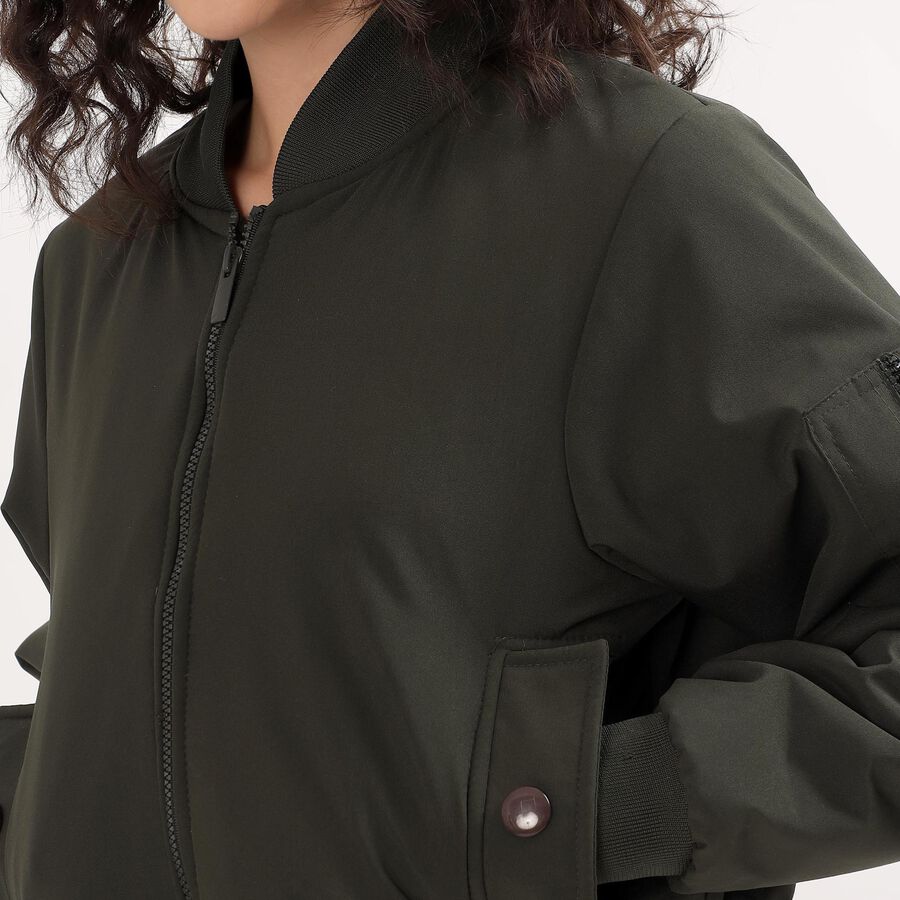 Women's Dark Olive Green Zip Bomber Jacket, Olive, large image number null