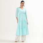 Women's Light Aqua Blue Cotton V-Neck Embroidered Kurta, Light Blue, small image number null