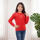 Girls' Red Crew Neck Embellished Pullover, Red, small