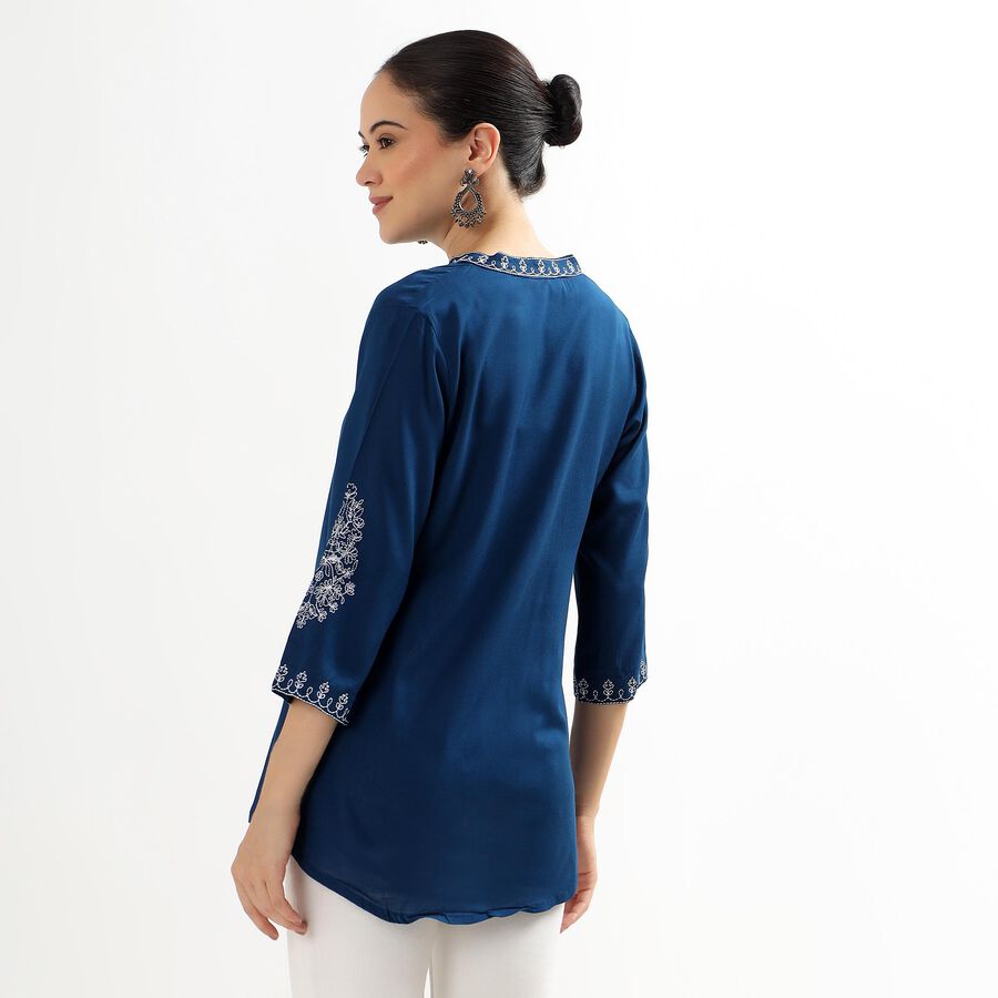 Ladies' Deep Midnight Blue V-Neck Embroidered Kurti, Teal Blue, large image number null