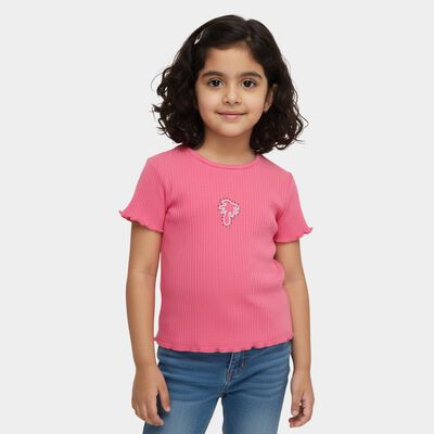 Girls Pink Cotton Round Neck Casual T-Shirt