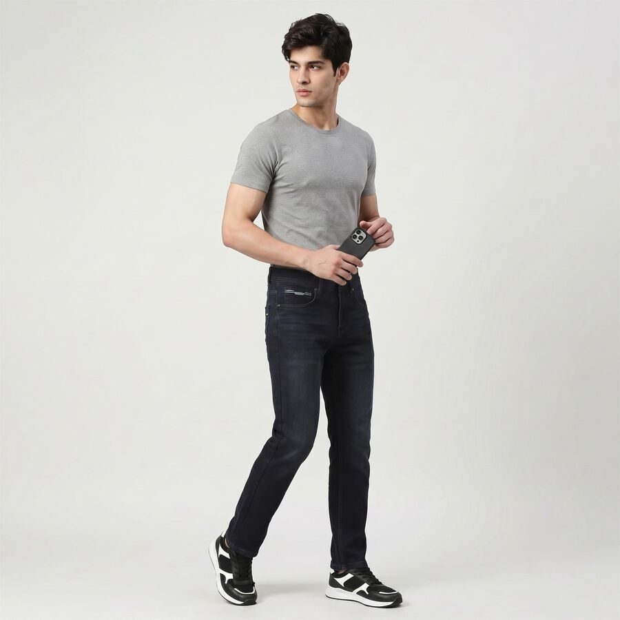 Men's Navy Blue Slim Fit Washed Jeans, गहरा नीला, large