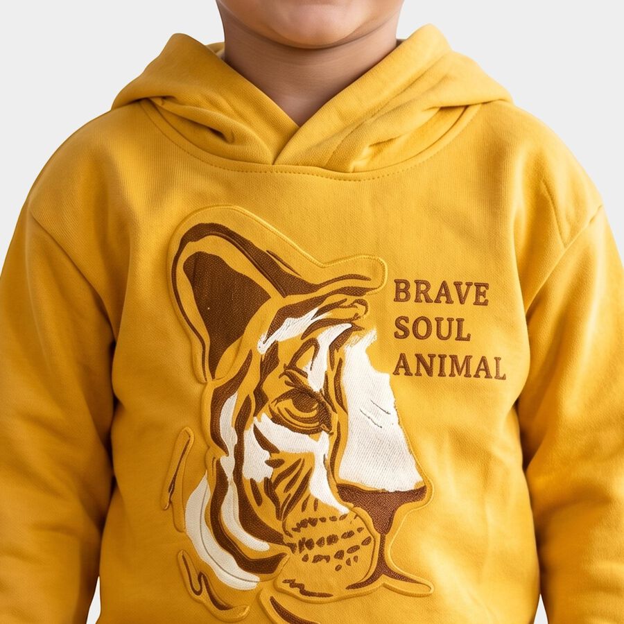 Boys Yellow Hoodie Neck Graphic Print Sweatshirt, Yellow, large