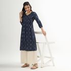 Women's Dark Blue Round Neck Printed Kurta, Dark Blue, small image number null