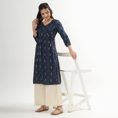 Women's Dark Blue Round Neck Printed Kurta