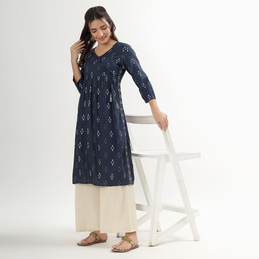 Women's Dark Blue Round Neck Printed Kurta, Dark Blue, large image number null