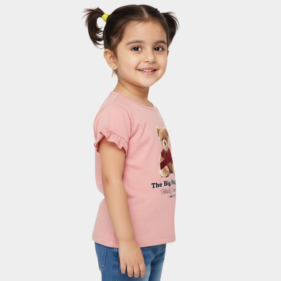 Girls' Pink Cotton Round Neck Ruffle Sleeve T-Shirt, हल्का गुलाबी, large