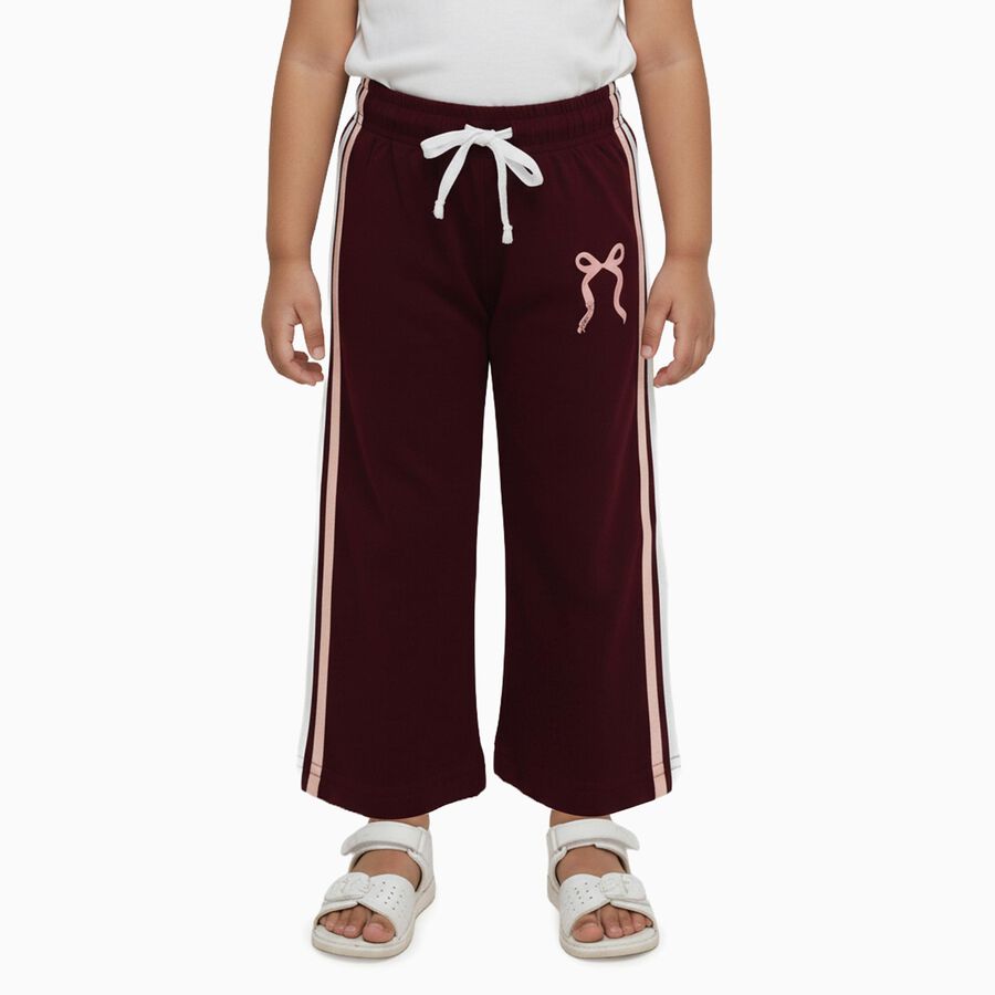Girls' Deep Maroon Cotton Blend Bow Print Pyjama, वाइन, large image number null