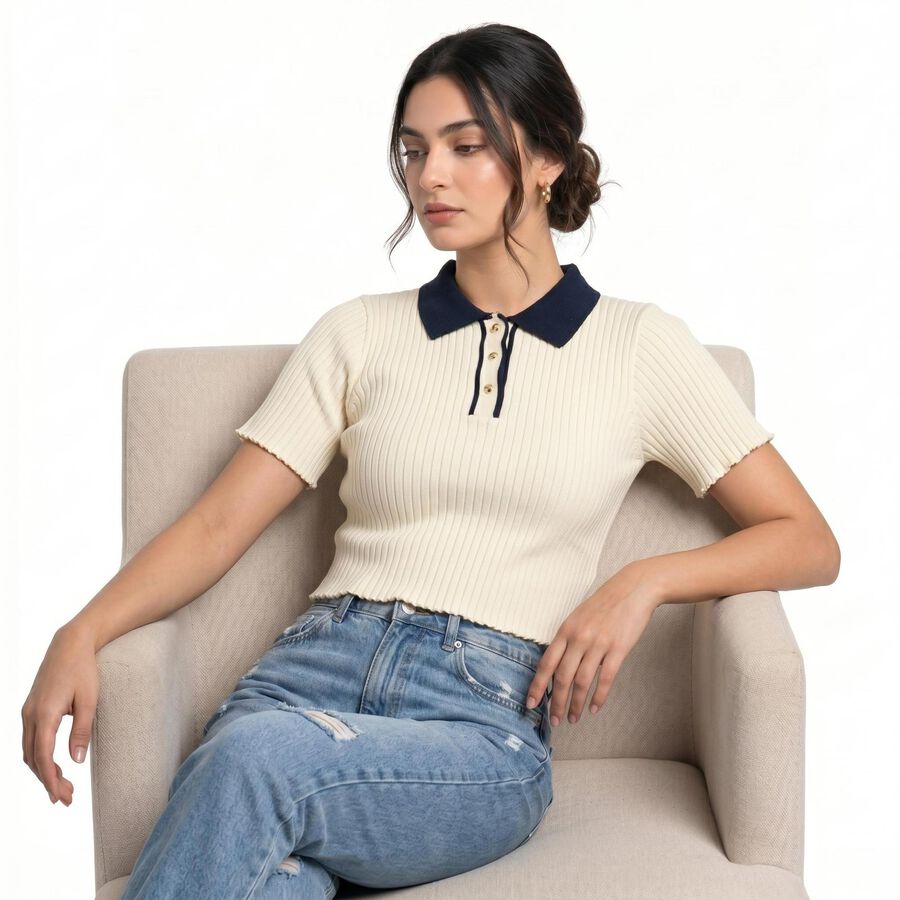 Women's Off White Cotton Polo Neck Crop Top, ऑफ व्हाइट, large