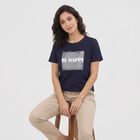 Women's Navy Blue Round Neck Regular T-Shirt, नेवी ब्लू, small