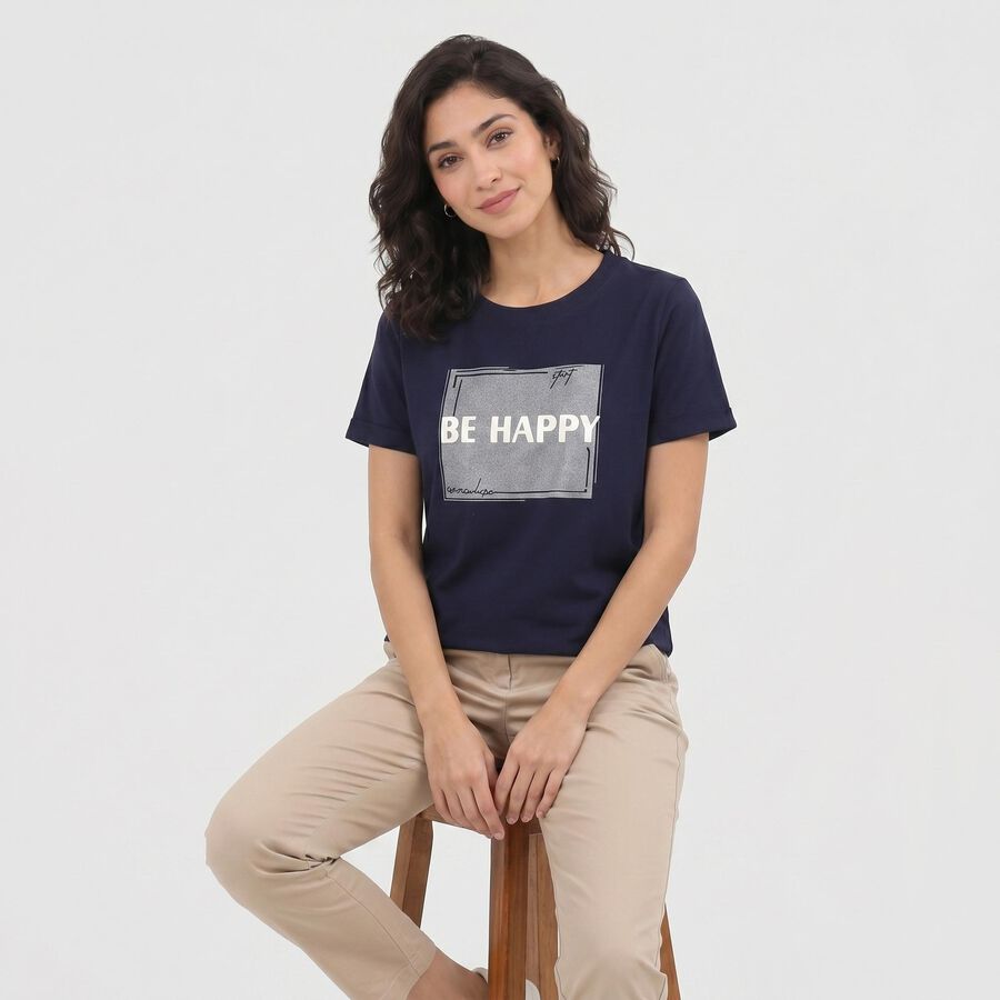 Women's Navy Blue Round Neck Regular T-Shirt, नेवी ब्लू, large