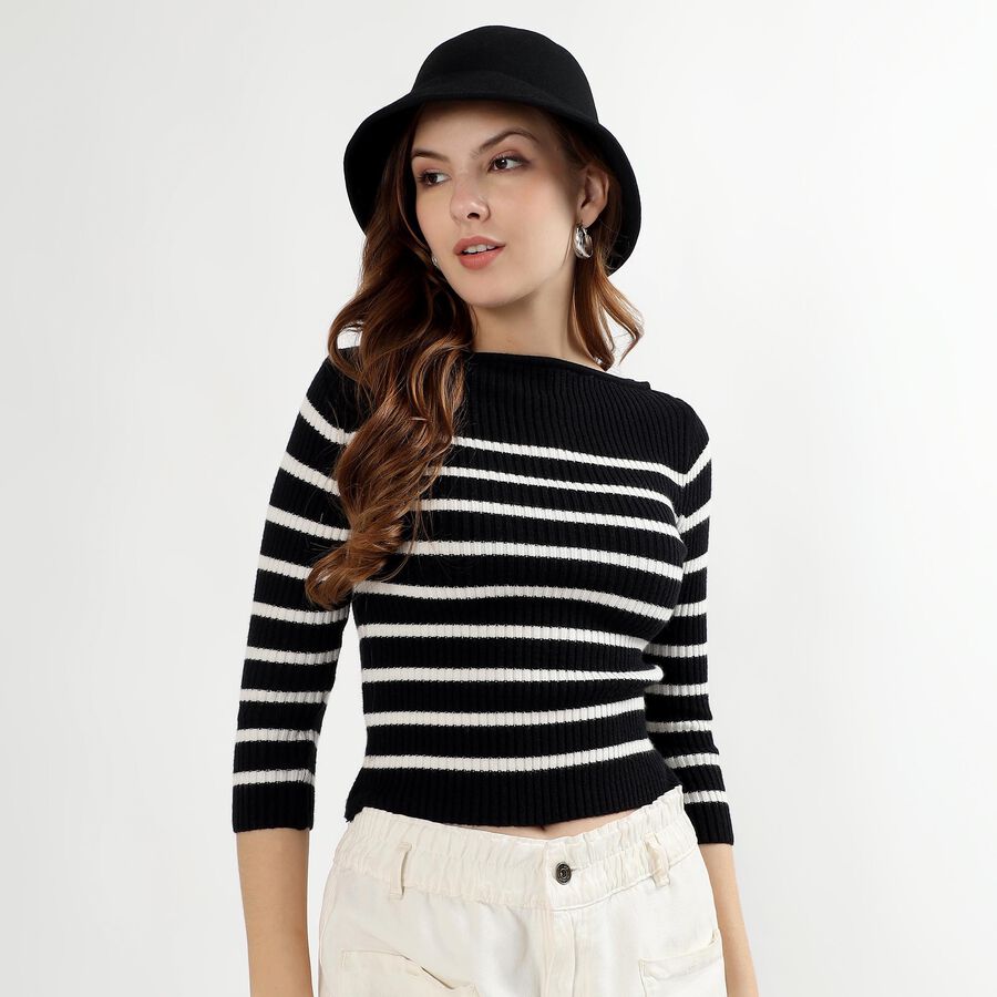Women's Black and White Boat Neck Striped Top, काला, large