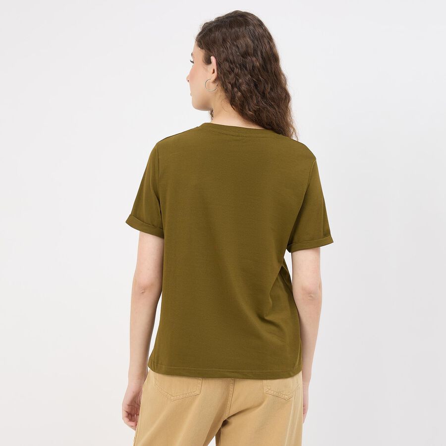 Women's Muted Olive Green Round Neck Casual T-Shirt, ओलिव, large