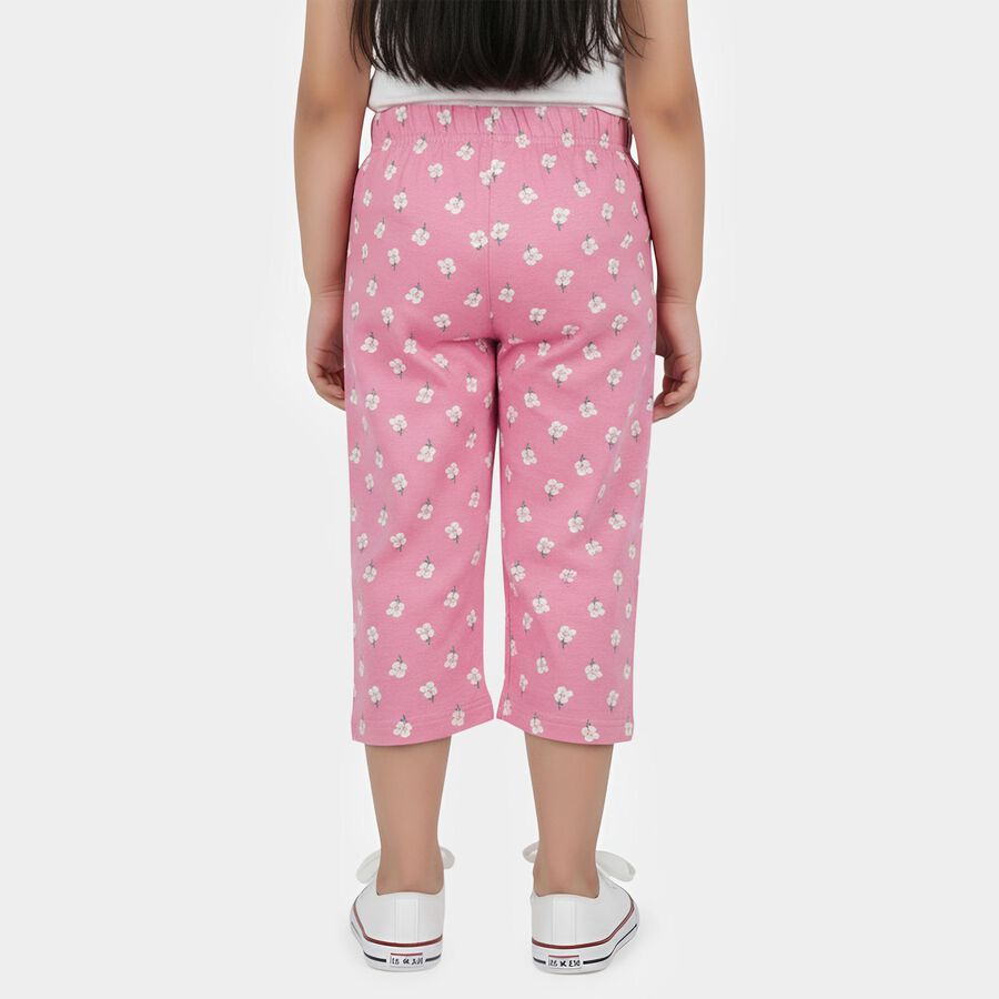 Girls' Pink Floral Printed Elastic Waist Cotton Capri, Pink, large