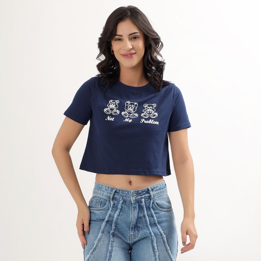 Women's Deep Midnight Navy Blue Round Neck Crop Top, Navy Blue, large image number null