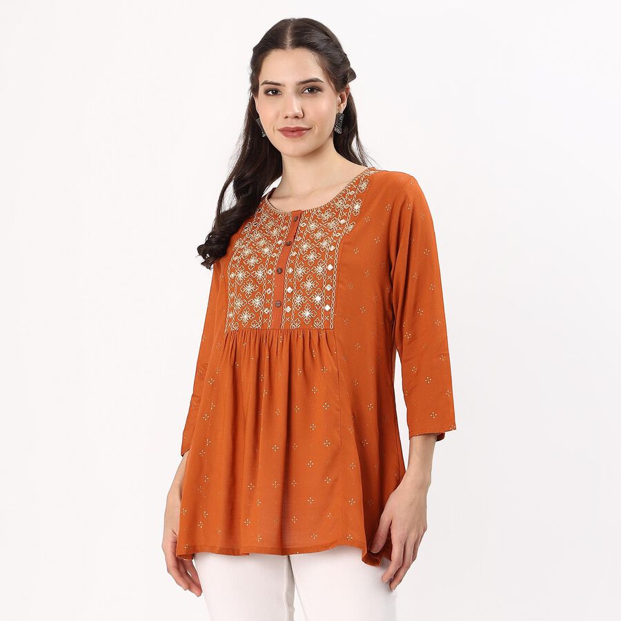 Women's Rust Orange Round Neck Embroidered Kurti, रस्ट, large