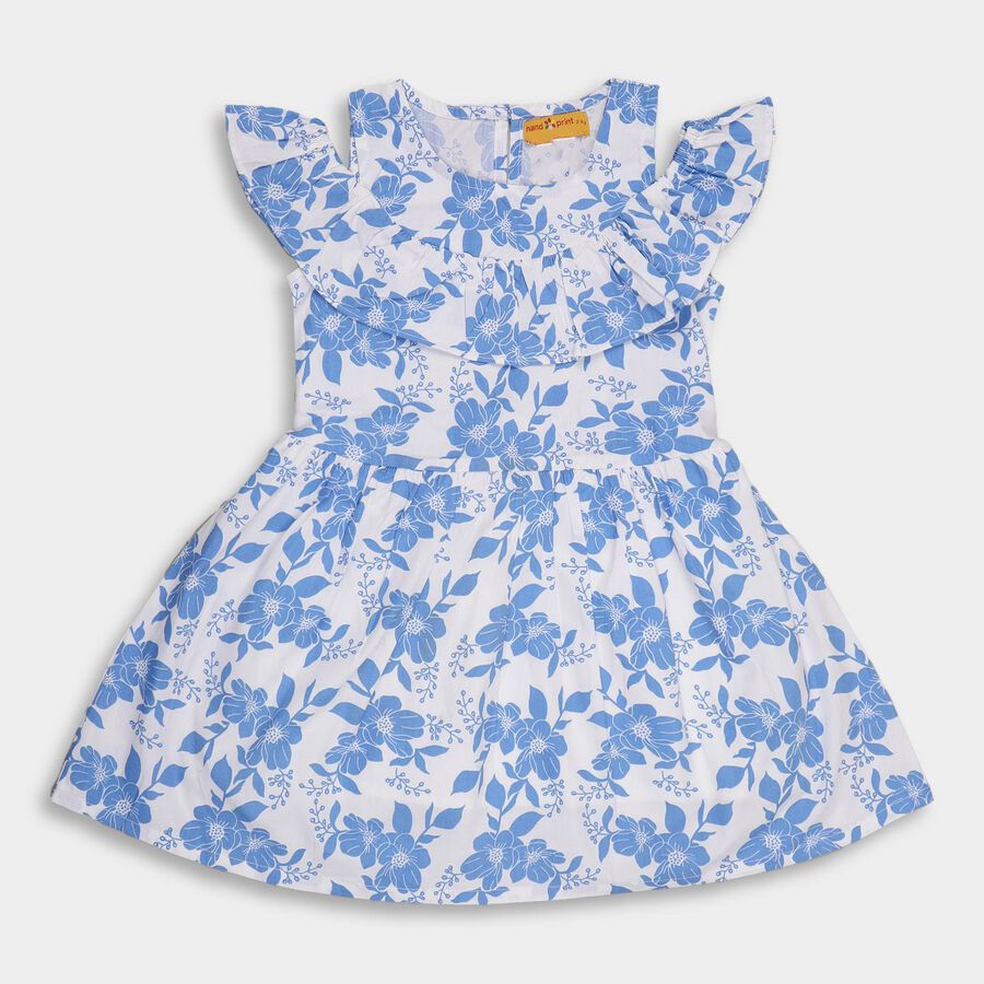 Girls' 100% Cotton Frock, मध्यम नीला, large