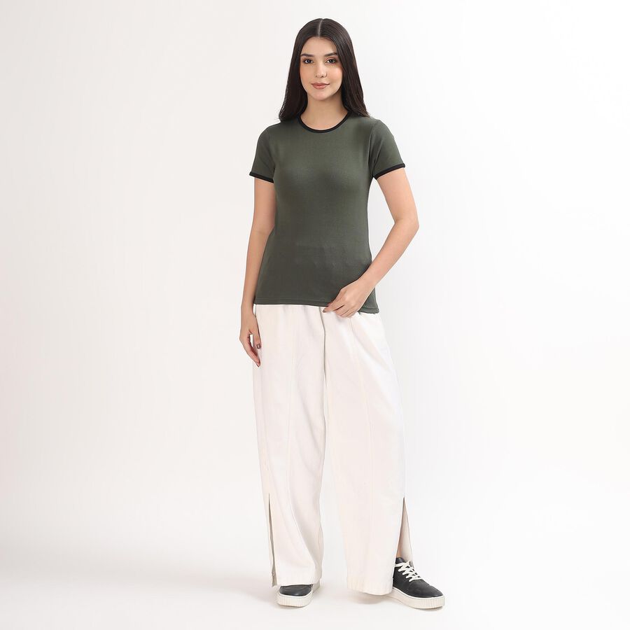 Women's Dark Olive Green Cotton Round Neck Casual Top, गहरा हरा, large