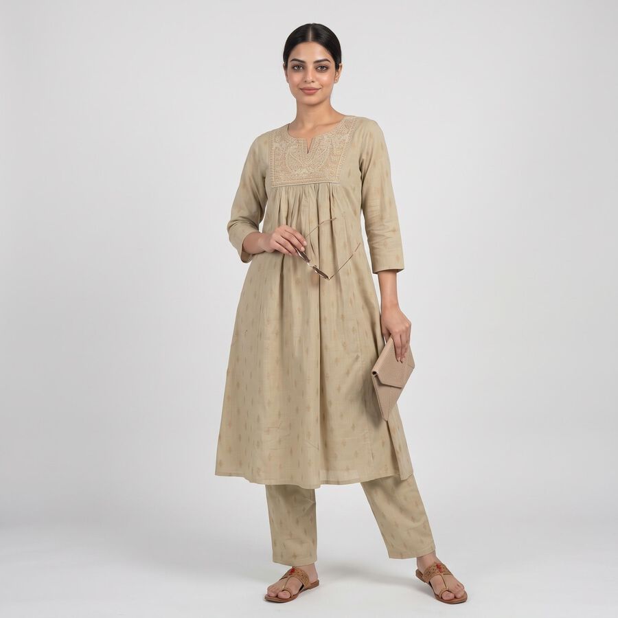 Women's Beige Cotton Notch Neck Embroidered Kurta, Beige, large