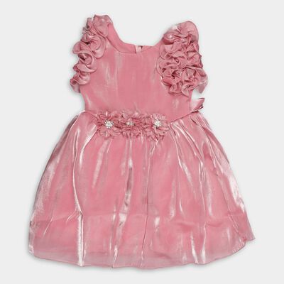 Girls' Shimmering Pink Sleeveless Flared Embellished Frock