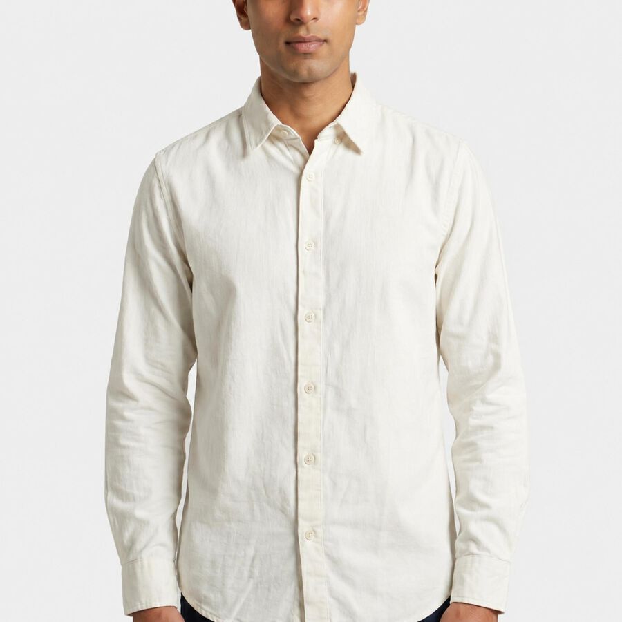 Men's Cream Cotton Spread Collar Regular Fit Casual Shirt, ऑफ व्हाइट, large