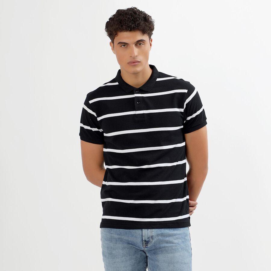 Men's Jet Black Polo Neck Striped T-Shirt, Black, large image number null