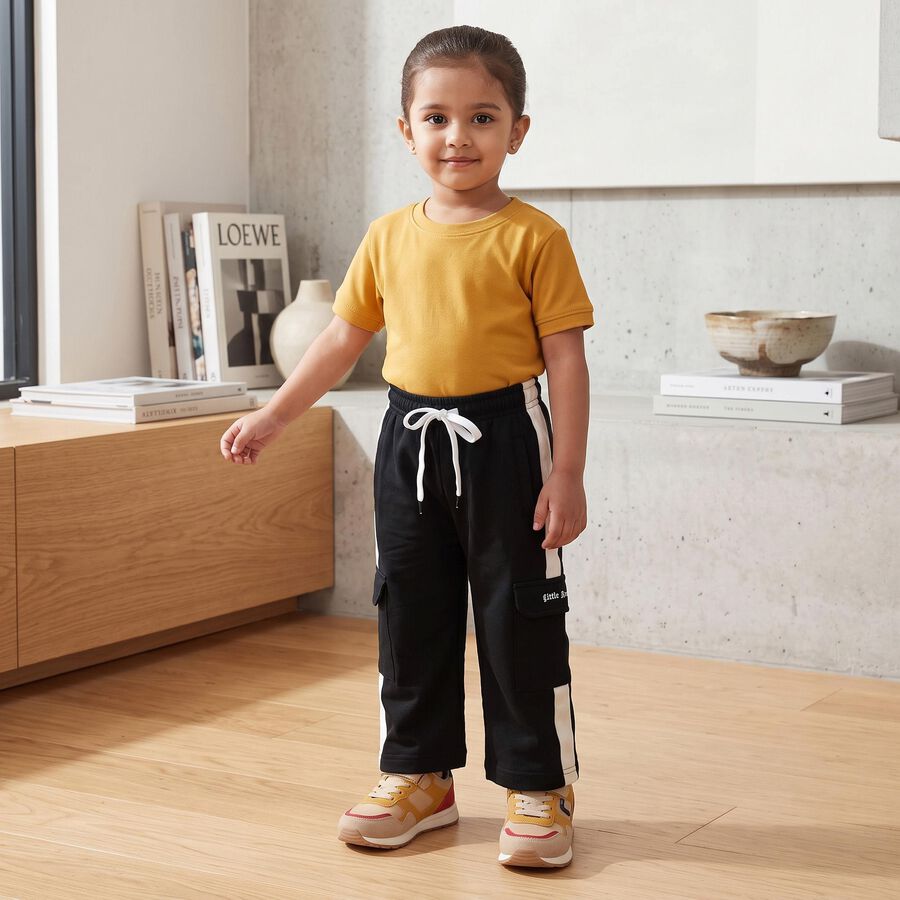 Girls Black Straight Fit Side Stripe Cargo Pyjama, Black, large