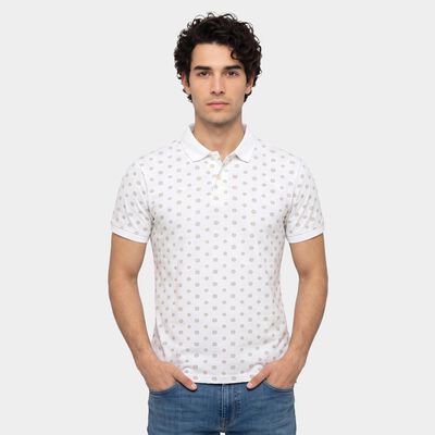 Men's White Cotton Polo Neck Printed T-Shirt